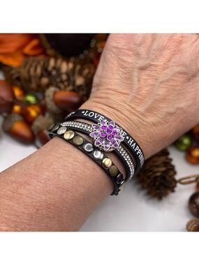 Love, Hope, Happiness Black Leather Bracelet & Purple 18mm Floral Snap! NWT